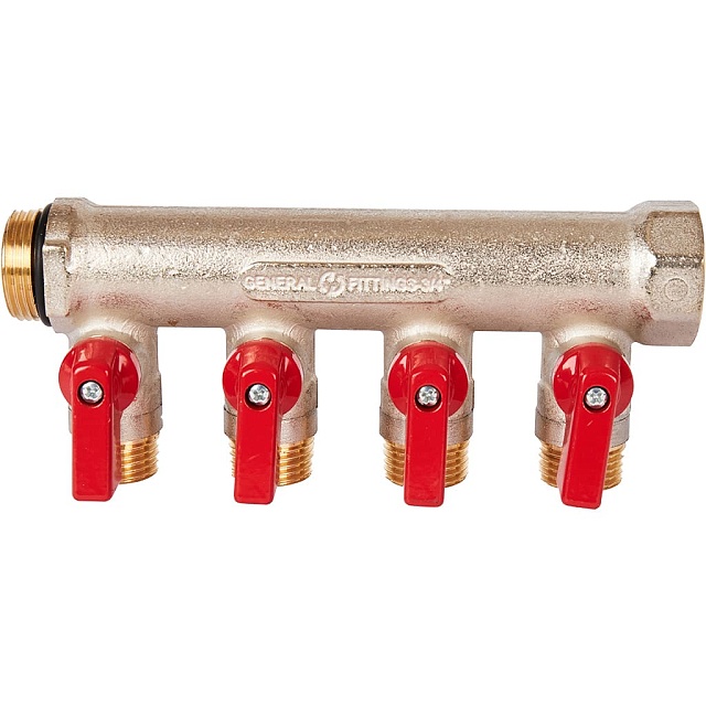 STOUT Коллектор с шаровыми кранами 3/4 , 4 отвода 1/2 (красные ручки) SMB 6210