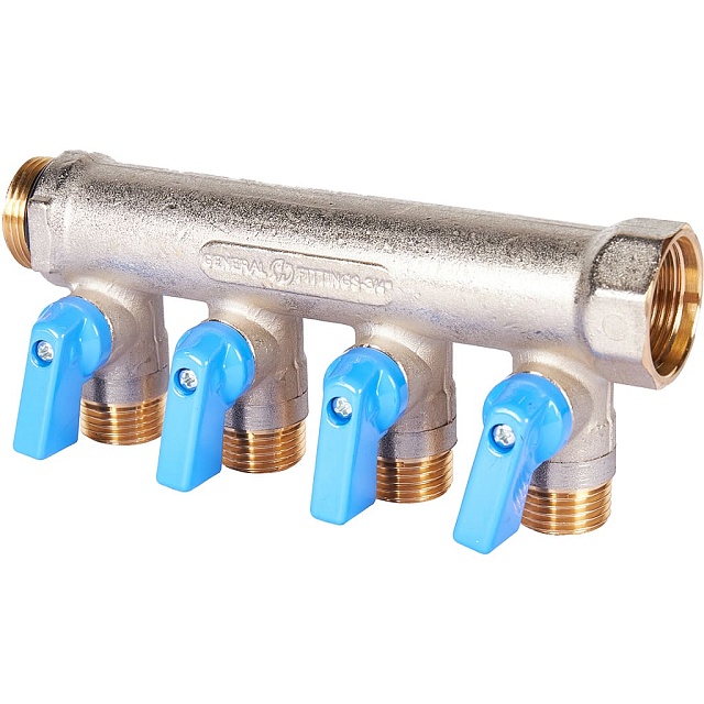 STOUT Коллектор с шаровыми кранами 3/4 , 4 отвода 1/2 (синие ручки) SMB 6211